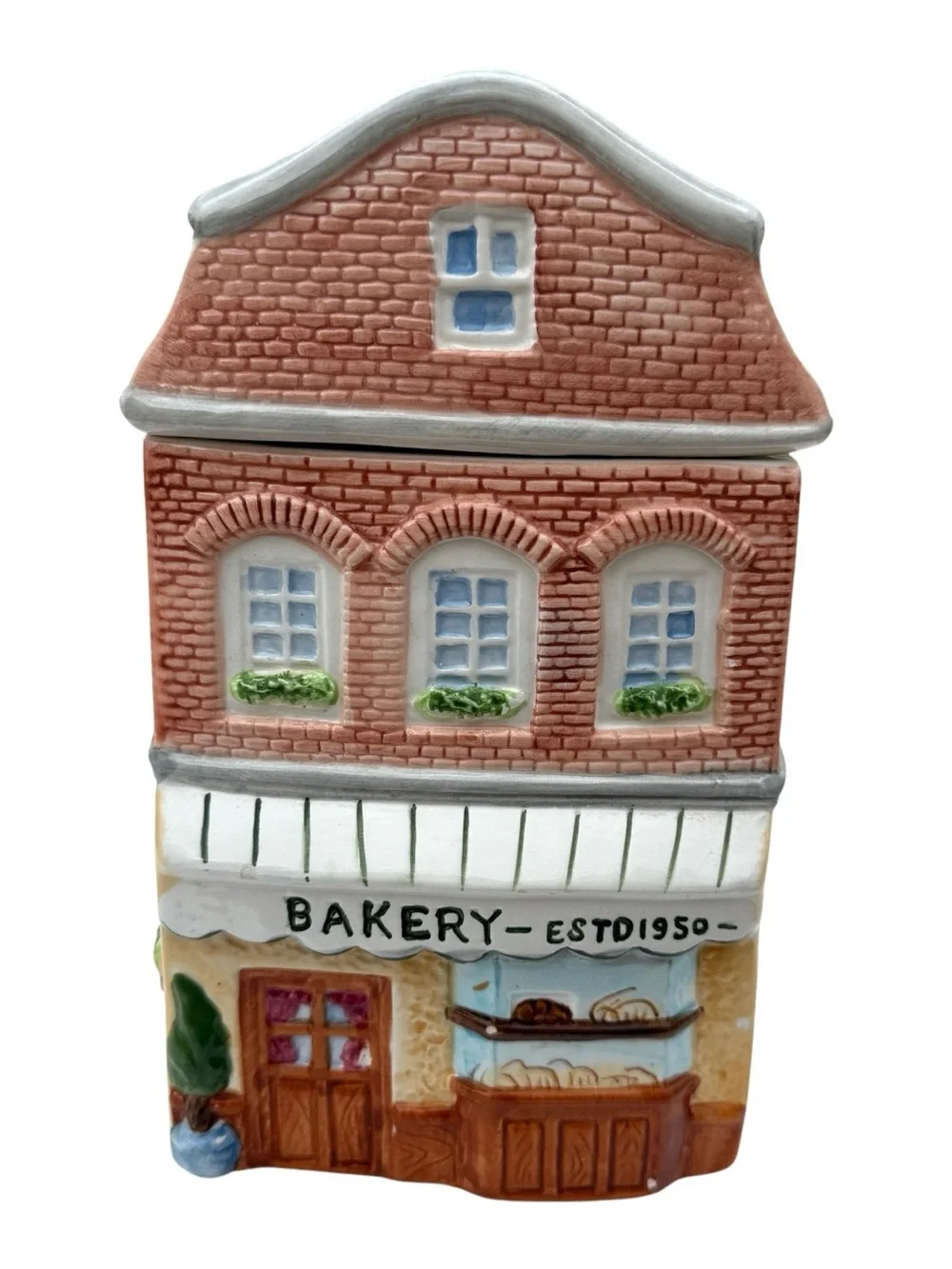 Vintage Ceramic Bakery Cookie Jar Village House Canister Cottagecore Kitchen 10”